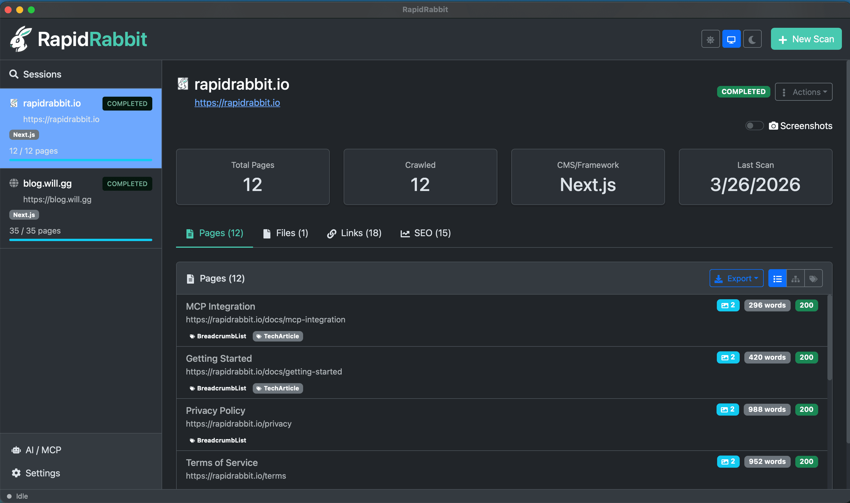 RapidRabbit desktop application showing website audit results